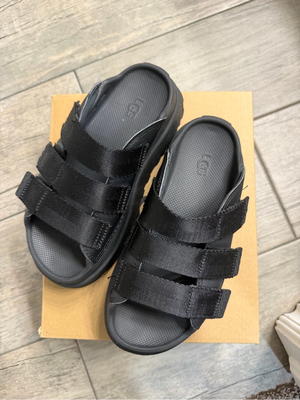 UGG Black Slide Sandals with Adjustable Straps. Golden glow slide